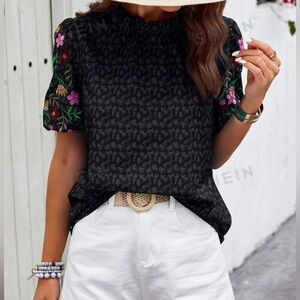 Black Blouse with Embroidered Sleeves